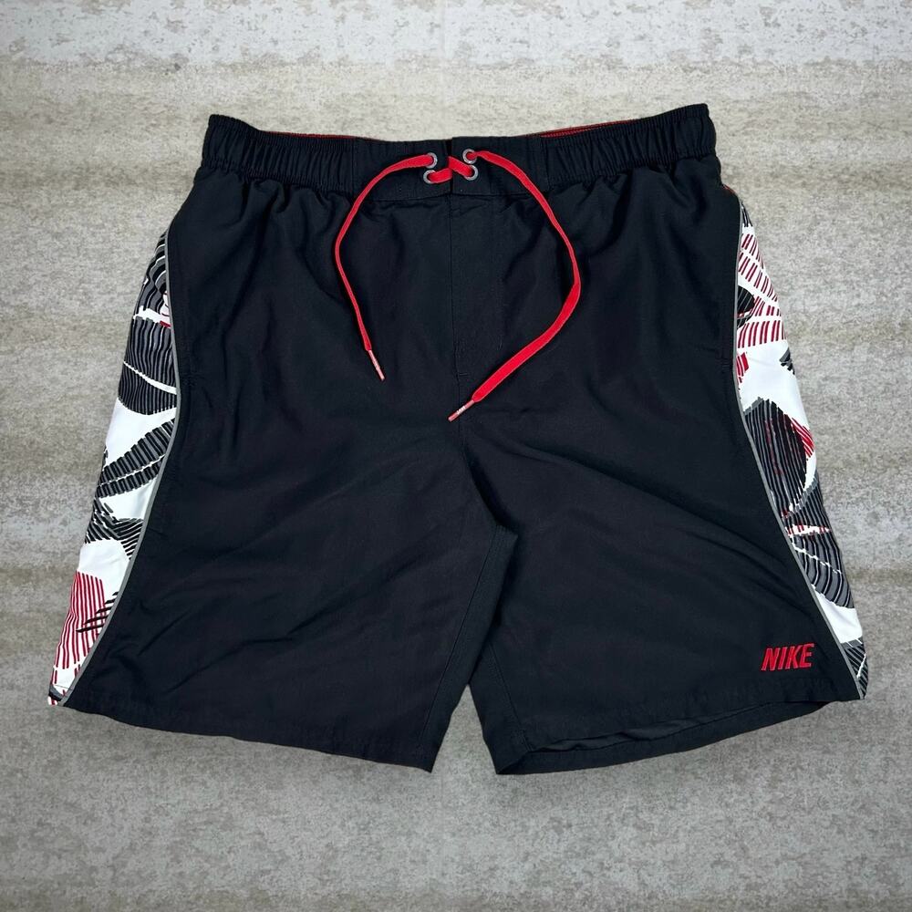 Vintage Y2K Nike Swim Shorts Mens L Black White Red Hawaiian Polyester 9" Inseam